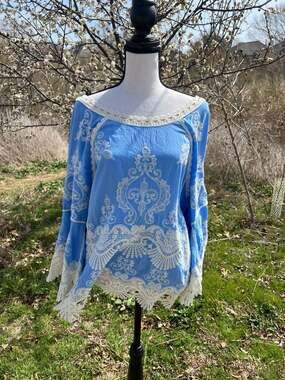 Democracy Blue Boho Embroidered Lace Trim Cold Shoulder Bell Sleeve Blouse